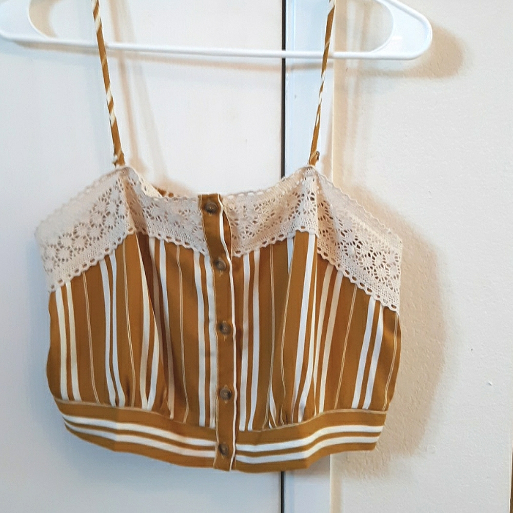 Yellow striped lacy crop top
